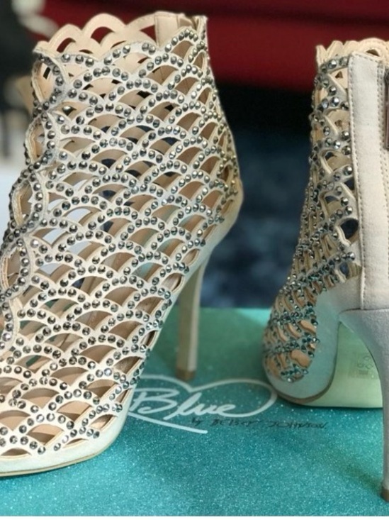 Bruce Beatty Johnson￼ Shoes - Beige Crystal Cutout Stiletto Booties - Women's Evening Heels